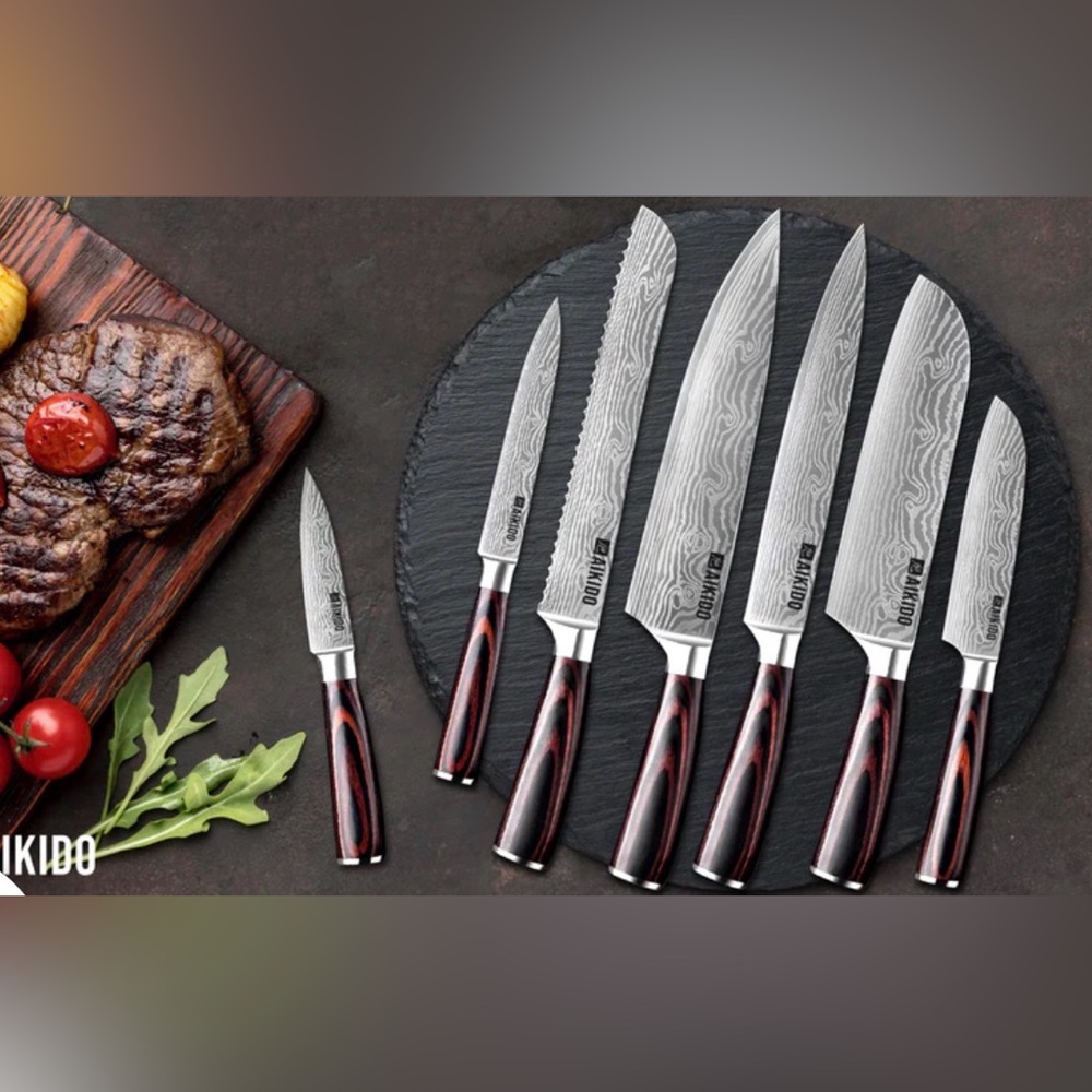 Aikido 6-Piece Knife Set - Black & Wood Grain Handles